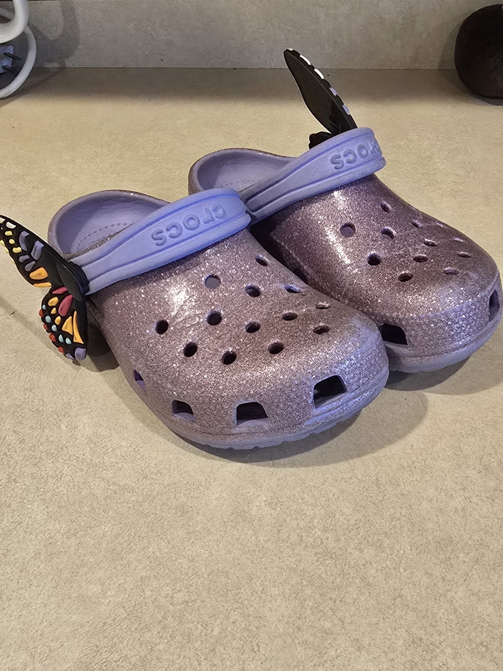 Crocs Kids' Glitter Purple Clogs with Butterfly Charm